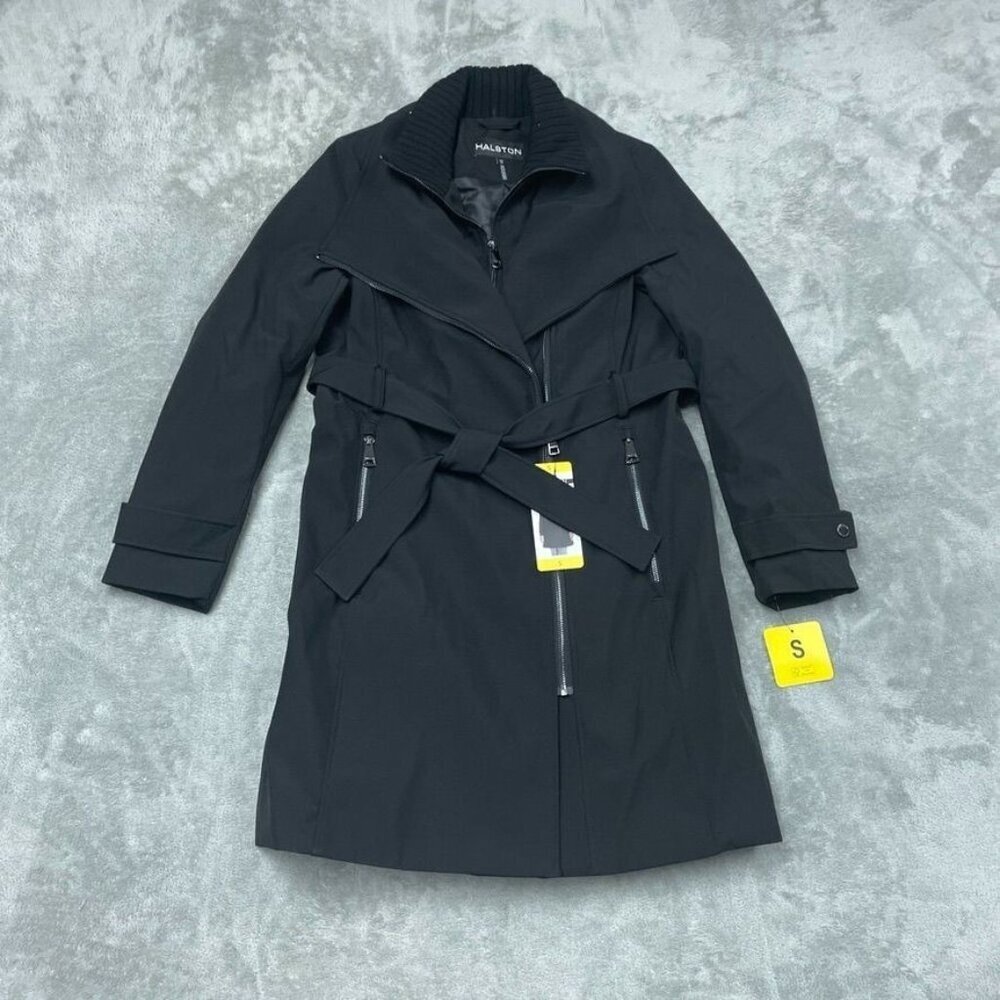 Halston Womens Belted Trench Coat Black Size Small With Tags D0242